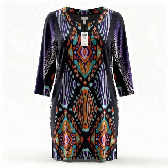 Chicos Kaylee Black Purple Multi Print Shift Dress Lg 3/4 Sleeve V Neck NWT - Picture 11 of 11